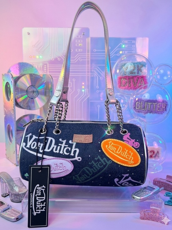 Von Dutch Handbags - Von Dutch y2k Denim & Rhinestone Barrel Bag